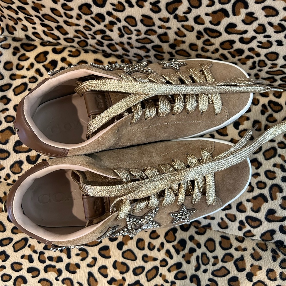 Coach Brown & Gold Star Embellished Suede Sneakers - Picture 4 of 6